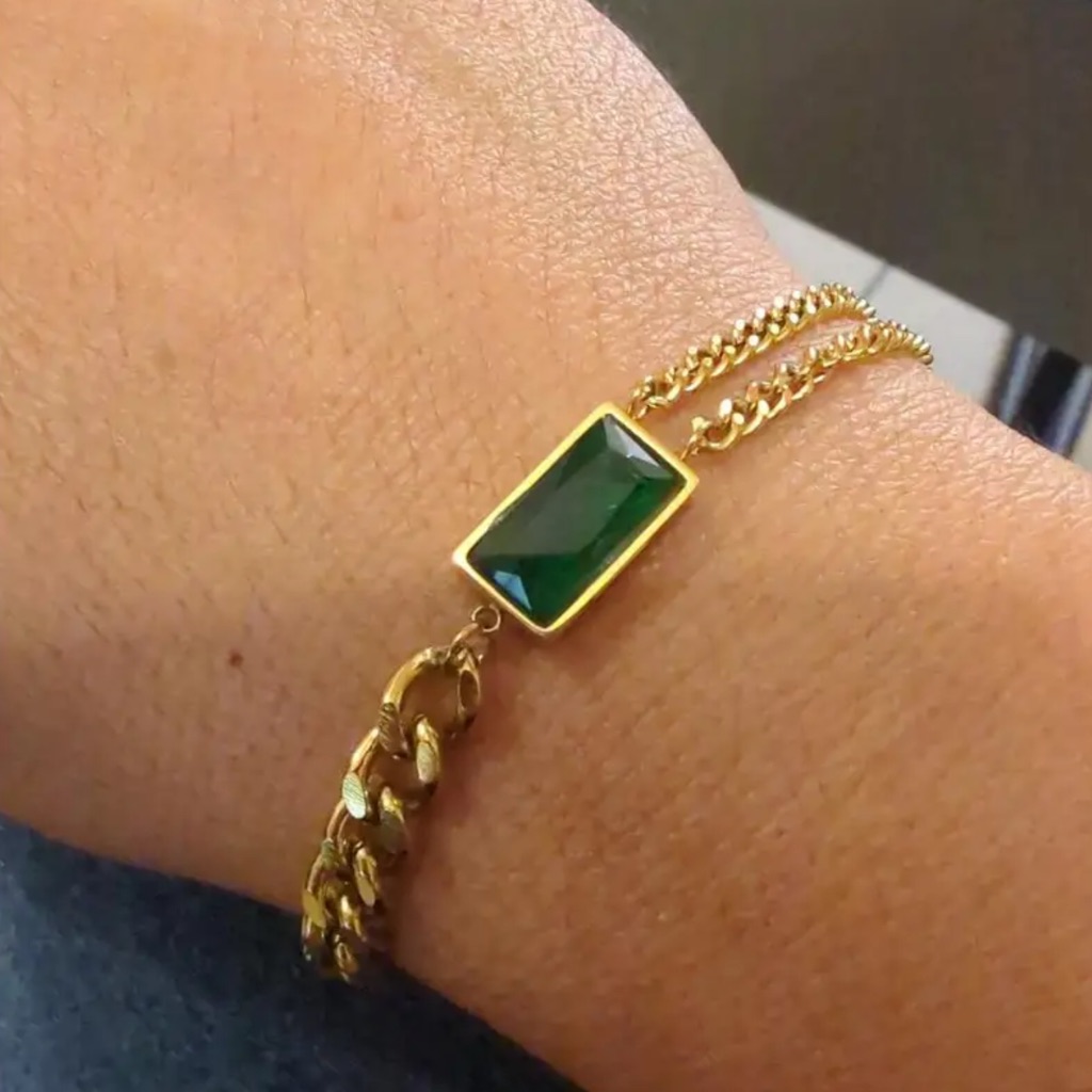 - -Elegant 18k Gold Plated Stainless Steel Chain Link Gemstone Bracelet